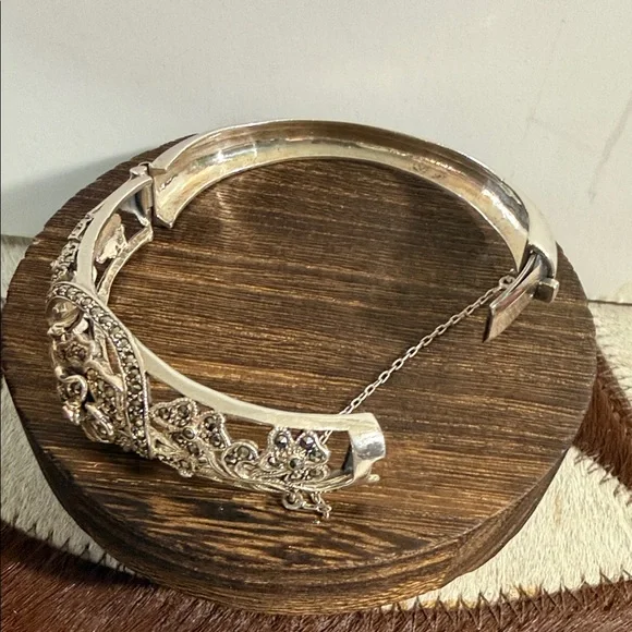 Ornate Filigree Marcasite Rose, Flower Hinged Bracelet - 925, Sterling Silver - Picture 5 of 7